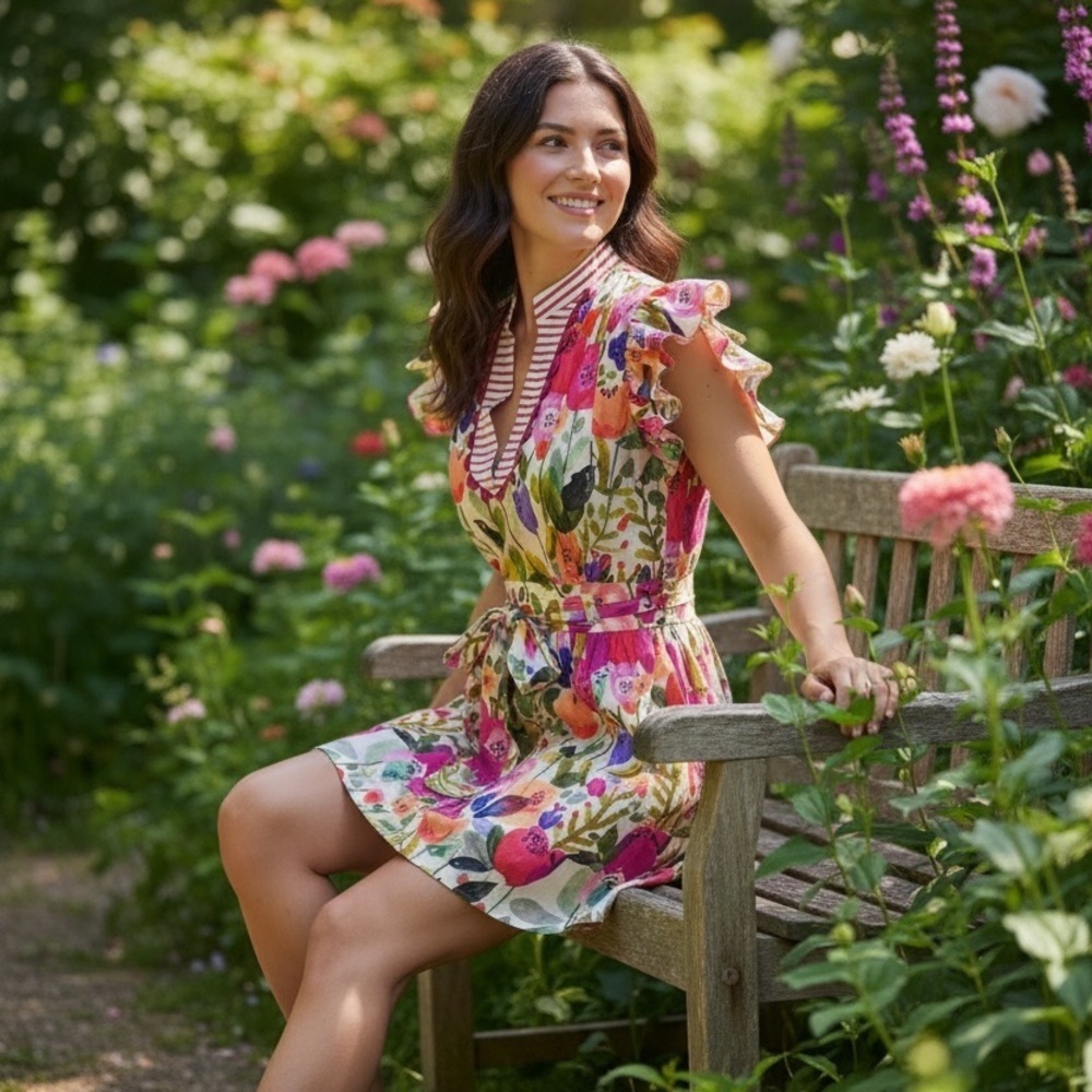Vibrant Floral Ruffle Sleeve Dress